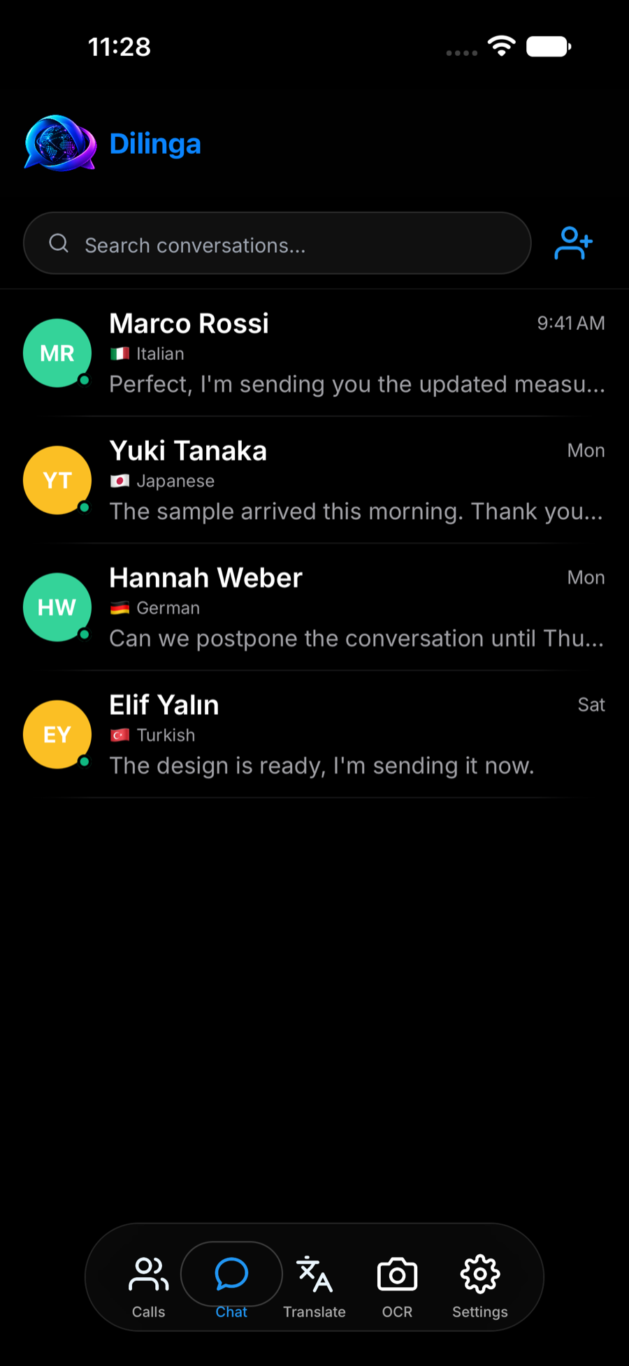 Dilinga's conversation list: four people, each with the language they write in, and every last message shown in the reader's own language