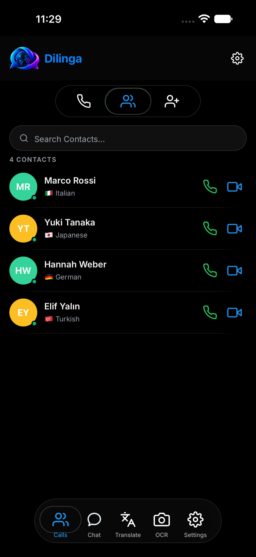 The contacts list with the language of each person, and a voice and a video call button on every row