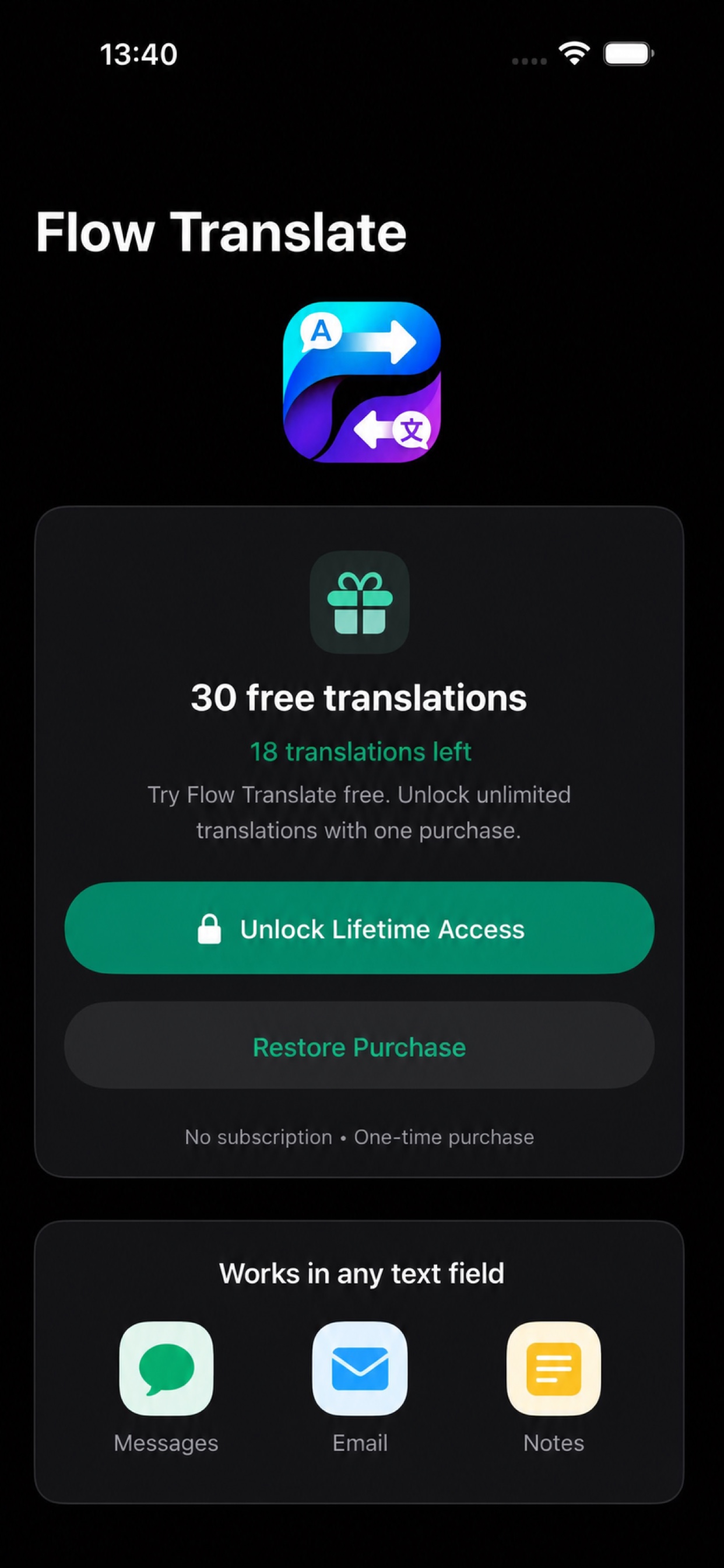 The screen showing how many of the thirty free translations are left and the one-time lifetime unlock