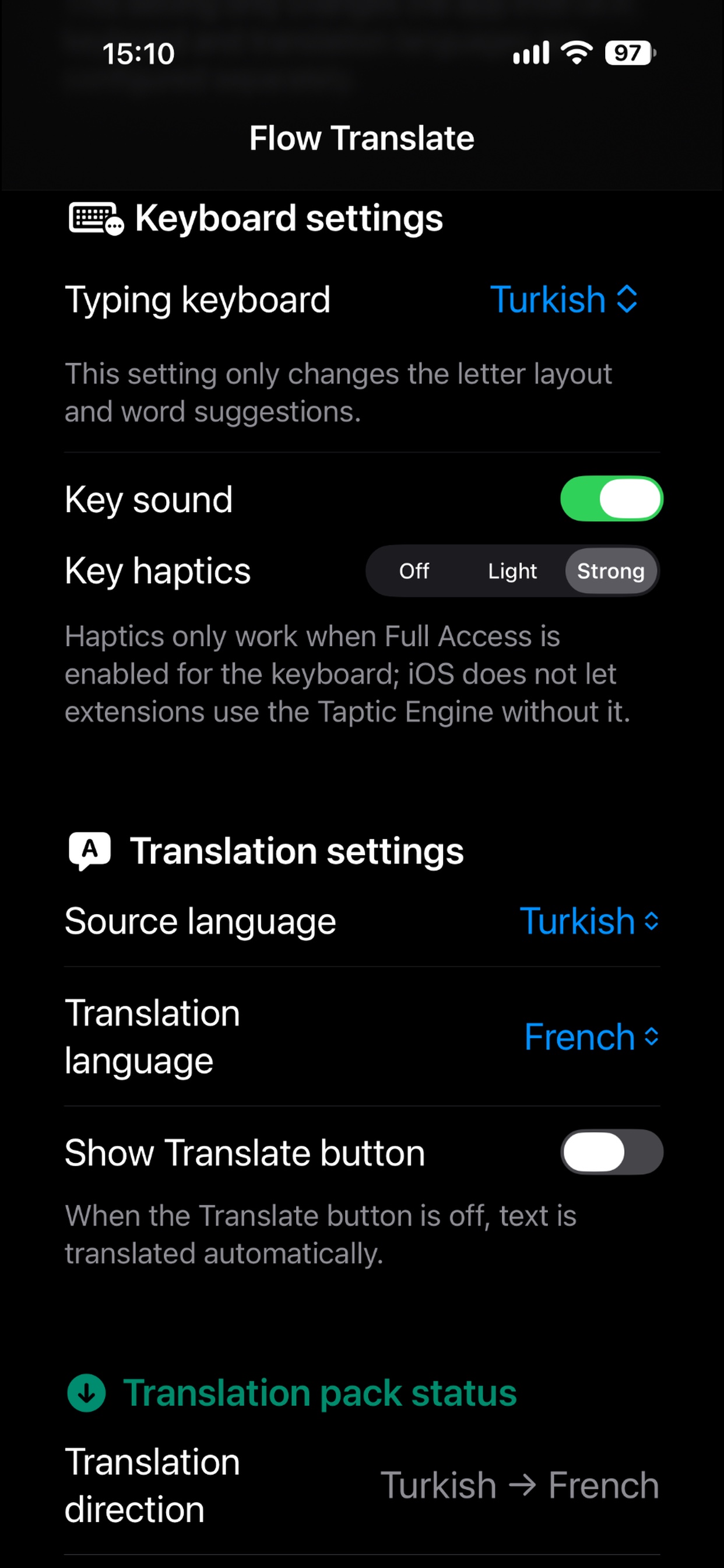 Flow Translate settings: source language, translation language, keyboard layout and the offline language packs