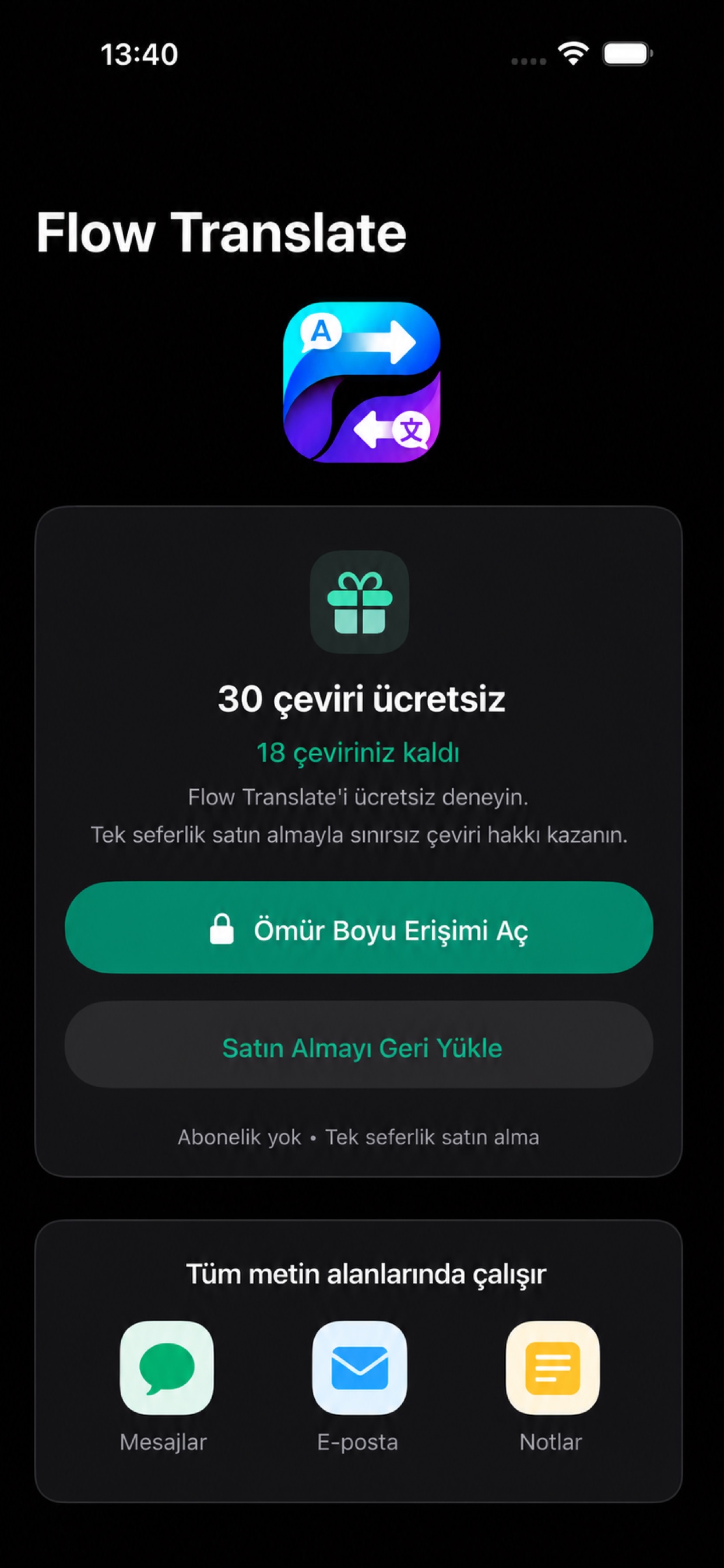 Otuz ücretsiz çevirinin kaçının kaldığını gösteren ekran ve tek seferlik ömür boyu erişim düğmesi