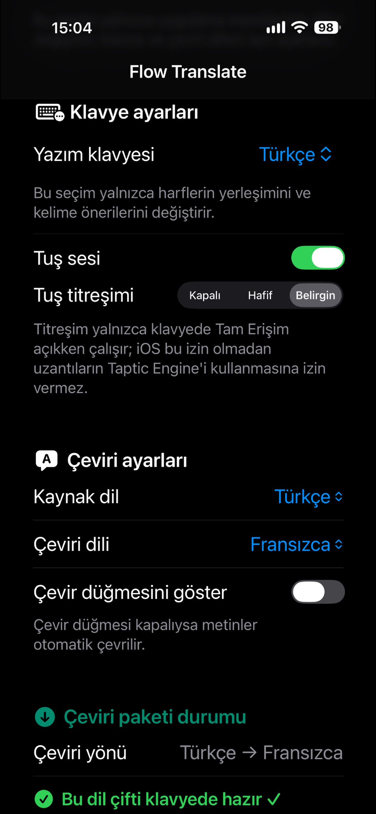 Flow Translate ayarları: kaynak dil, çeviri dili, klavye düzeni ve çevrimdışı dil paketleri