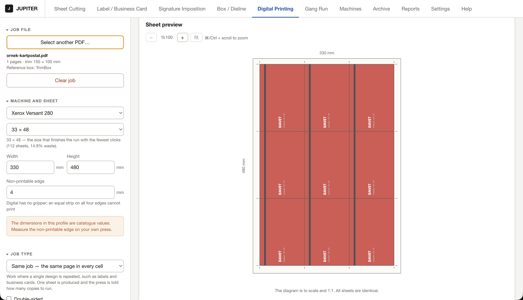 The job panel: the loaded PDF, the press, the sheet size and the type of job