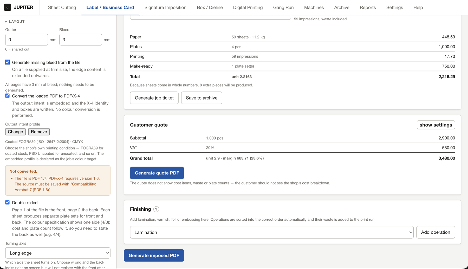 The output panel: PDF/X conversion, the cost breakdown, the customer quote and the imposed PDF button