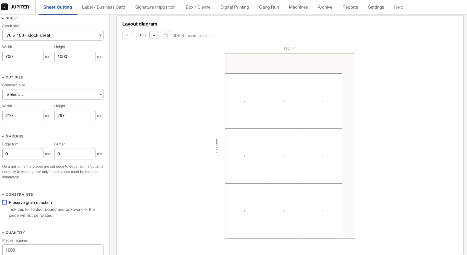 JUPITER laying nine A4 pieces out on a 70 × 100 sheet with the whole layout diagram beside them