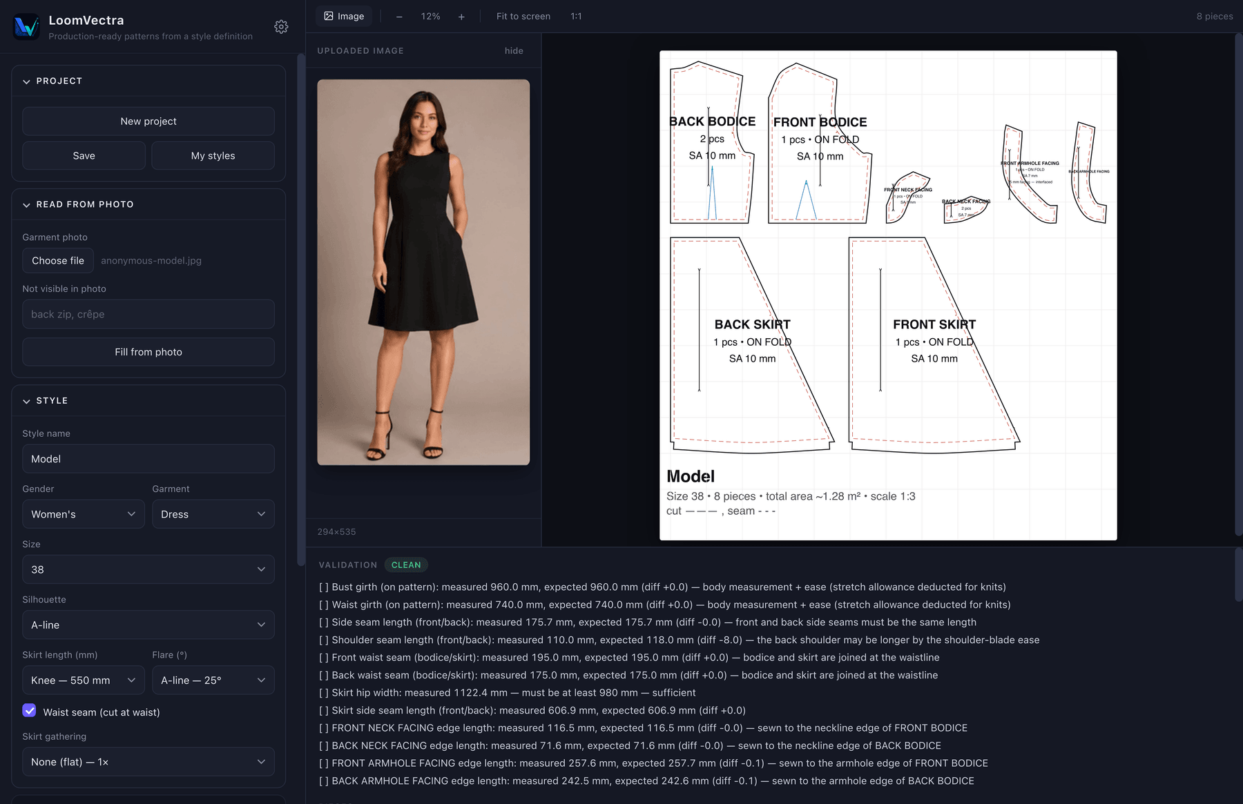 LoomVectra with the uploaded dress photograph beside the eight pattern pieces it drafted, and the measurement check listed underneath
